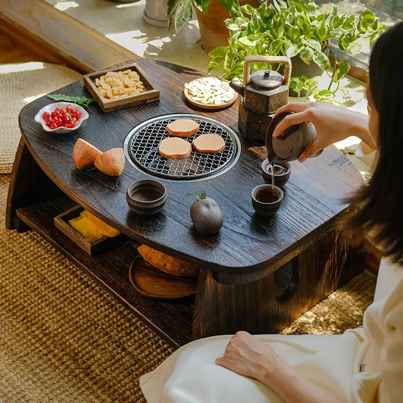 Solid wood bay window tatami tea table household coffee table folding tea table bedroom surrounding stove tea hot pot barbecue s