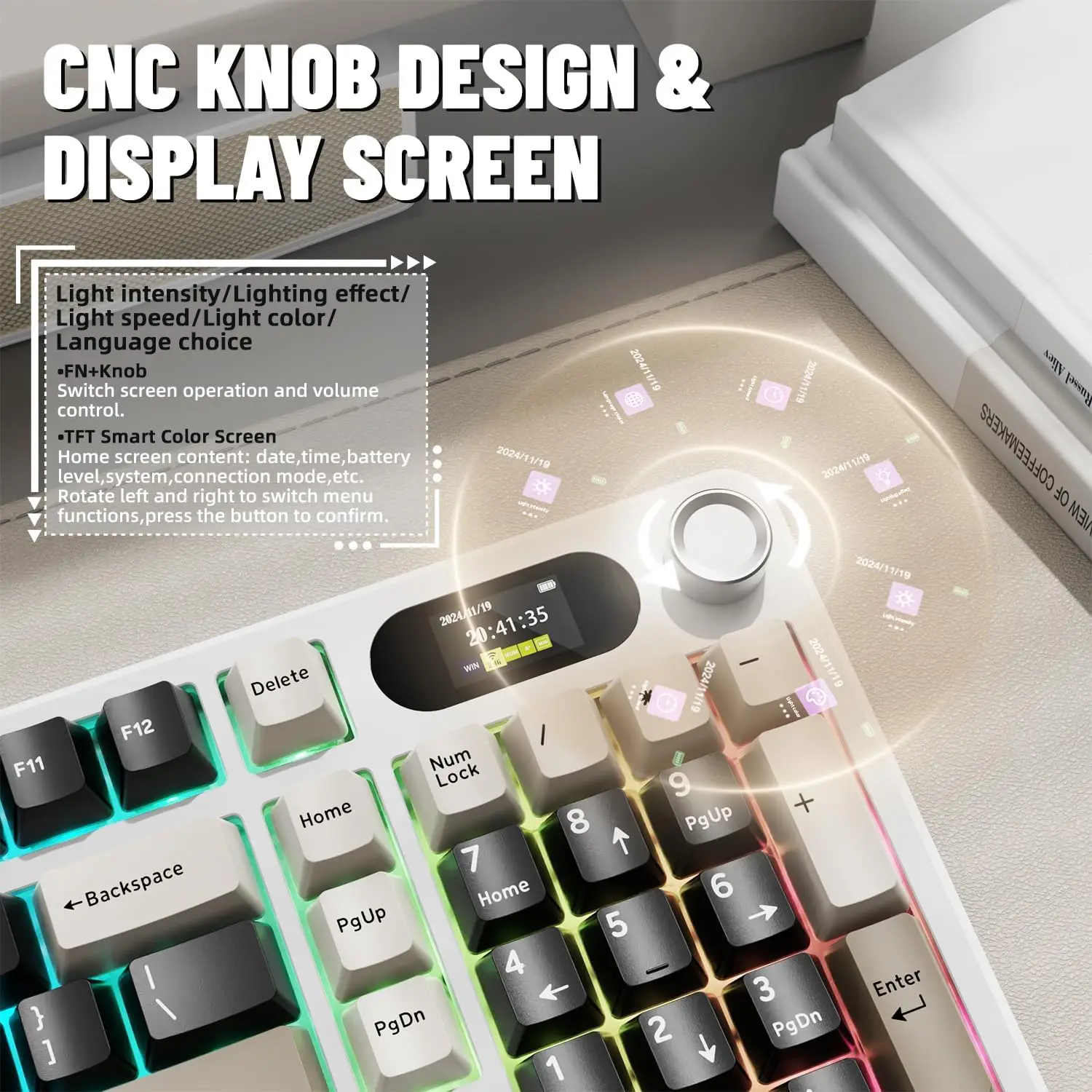 ATTACK SHARK X98Pro ワイヤレス メカニカル キーボード、スクリーンとノブ付き、トライモード ガスケット ホットスワップ可能な RGB キーボード、ウェブ ドライバー
