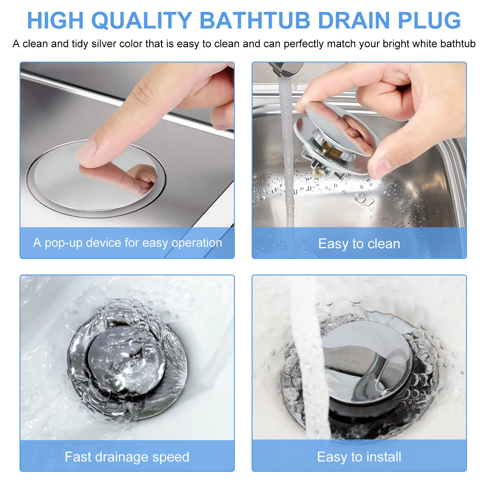 Bathtub Drain Filter Pop Up Sink Drain Stainless Steel Washbasin Plug and Cover Anti-Clogging Stopper Tub Kitchen Sink Strainer