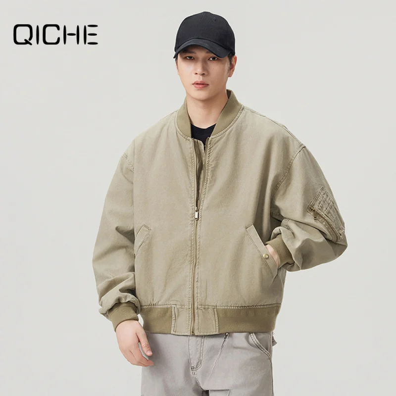 QICHE Men's Baseball Collar Work Jacket American Retro Motorcycle Style Autumn Winter Simple Loose Casual Coat