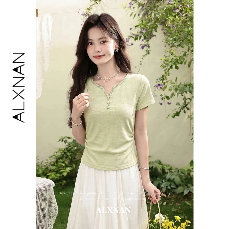 

ALXNAN Green Short Sleeve T-shirt Henley Neck Plaid Contrast Binding Side Waist Ruche Women's T-shirt Summer Casual Tops L66101A