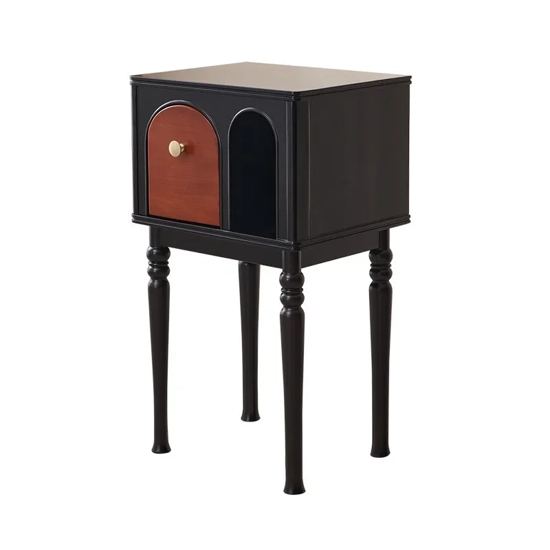French retro solid wood side table, black locker, bedside table, arched door opening design, storage cabinet