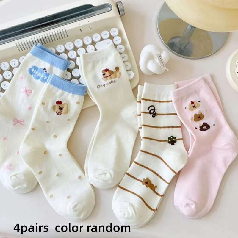 4 Pairs of Socks with Random Colors and Cartoon Animal Patterns, Cute and Personalized, Pure Cotton, Autumn and Winter Mid-Calf White Cotton Socks with Cartoon Puppy Patterns, Stripes, and Bowknots for Girls