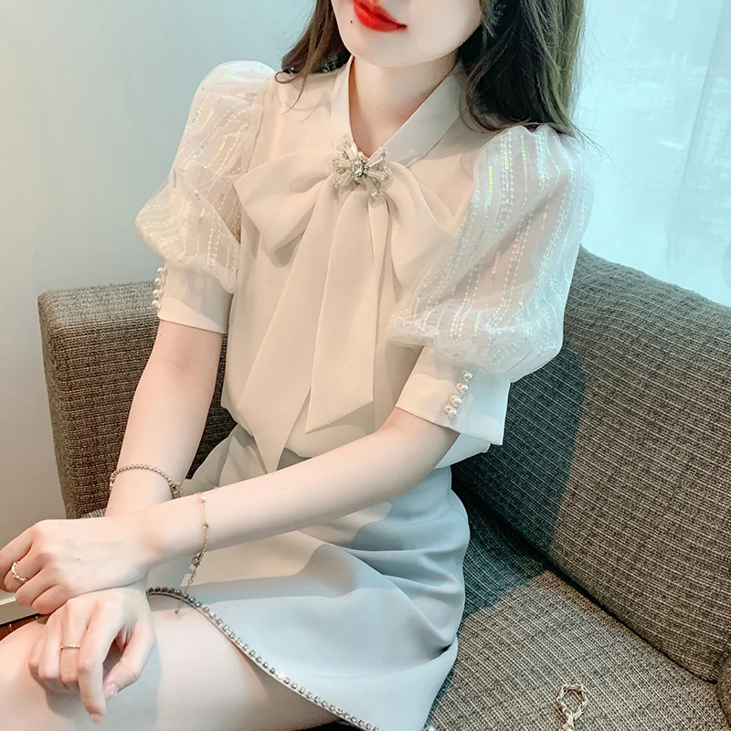 Fashion Bow Collar Apricot Chiffon Blouse Shirt Women Tops Blusas Mujer De Moda 2024 Verano Short Sleeve Blouse Women Blusa G587