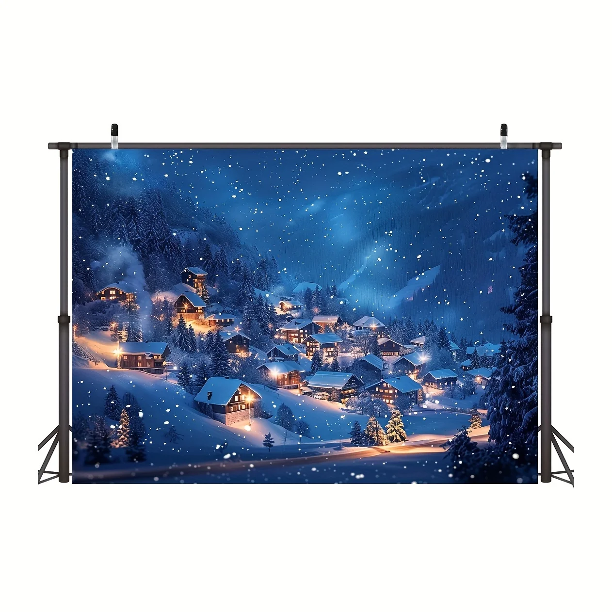 Christmas background Village night scene Forest trees white snow photography background photo studio props