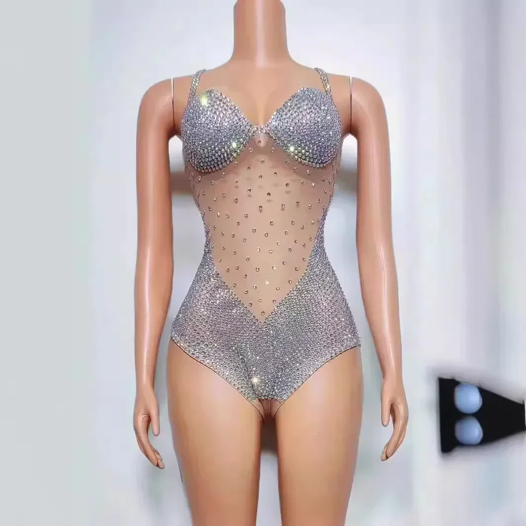 Women Mesh See Through Dance Performance Costume Singer Dancer Stage Leotard Club Wear Sexy Stage Sparkly Rhinestones Bodysuit