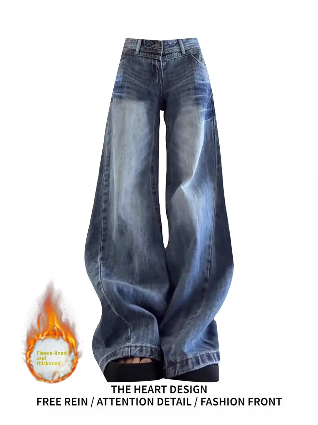 

American Retro Low Waist Fleece Lined Straight Leg Wide Leg Jeans Women's Design Sense Worn Washed Loose Fit Denim Pants