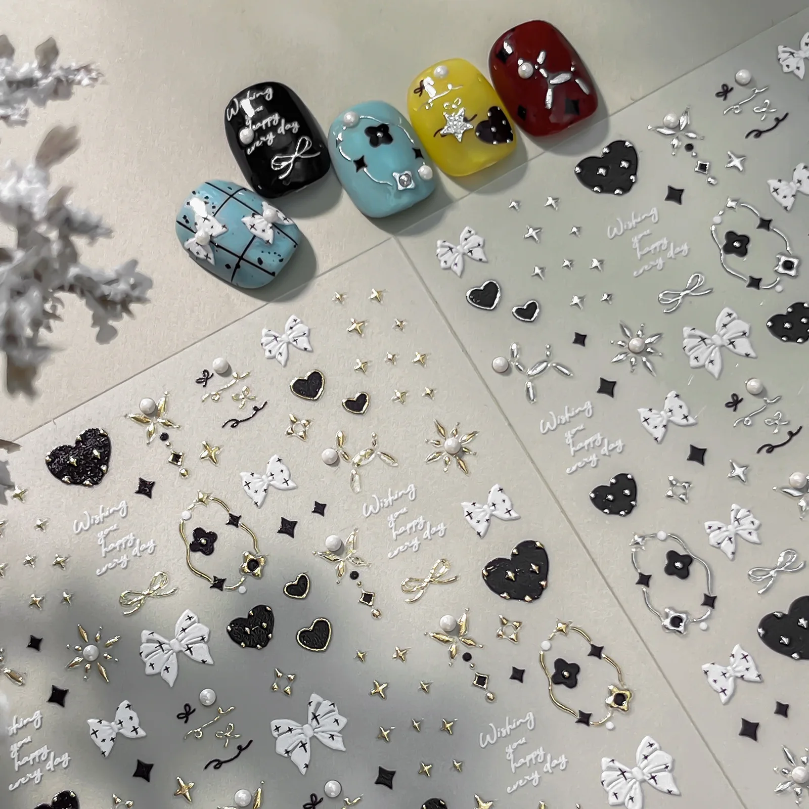 Cute Bowknot Pearl Star Love Nail Sticker Coloful Polka Dot Bow Tie French Leopard Print Ribbon Punk Y2K Nail Art Stickers Decal