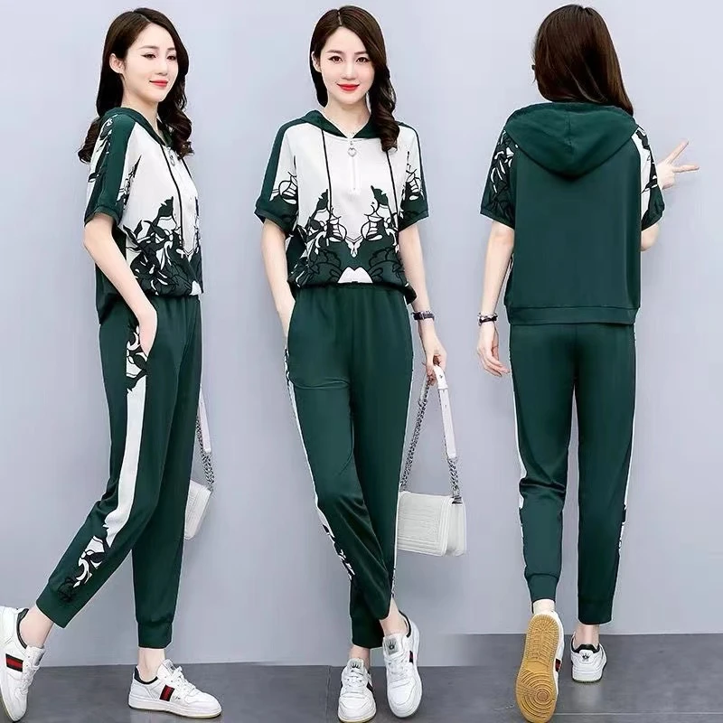 

Повседневный модный спортивный комплект-двойка для женщин больших размеров: свободный, стройнящий, летний, новый стиль, омолаживающий эффект, большие размеры MM