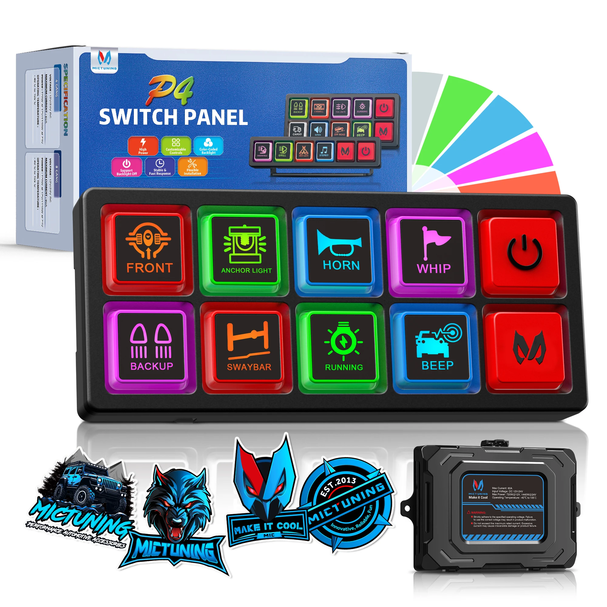 

MICTUNING P4 Neon 8 Gang Switch Panel,12V-24V 60A Control Relay System Box,LED Backlit Silicone Buttons, Toggle On-Off Touch Pod