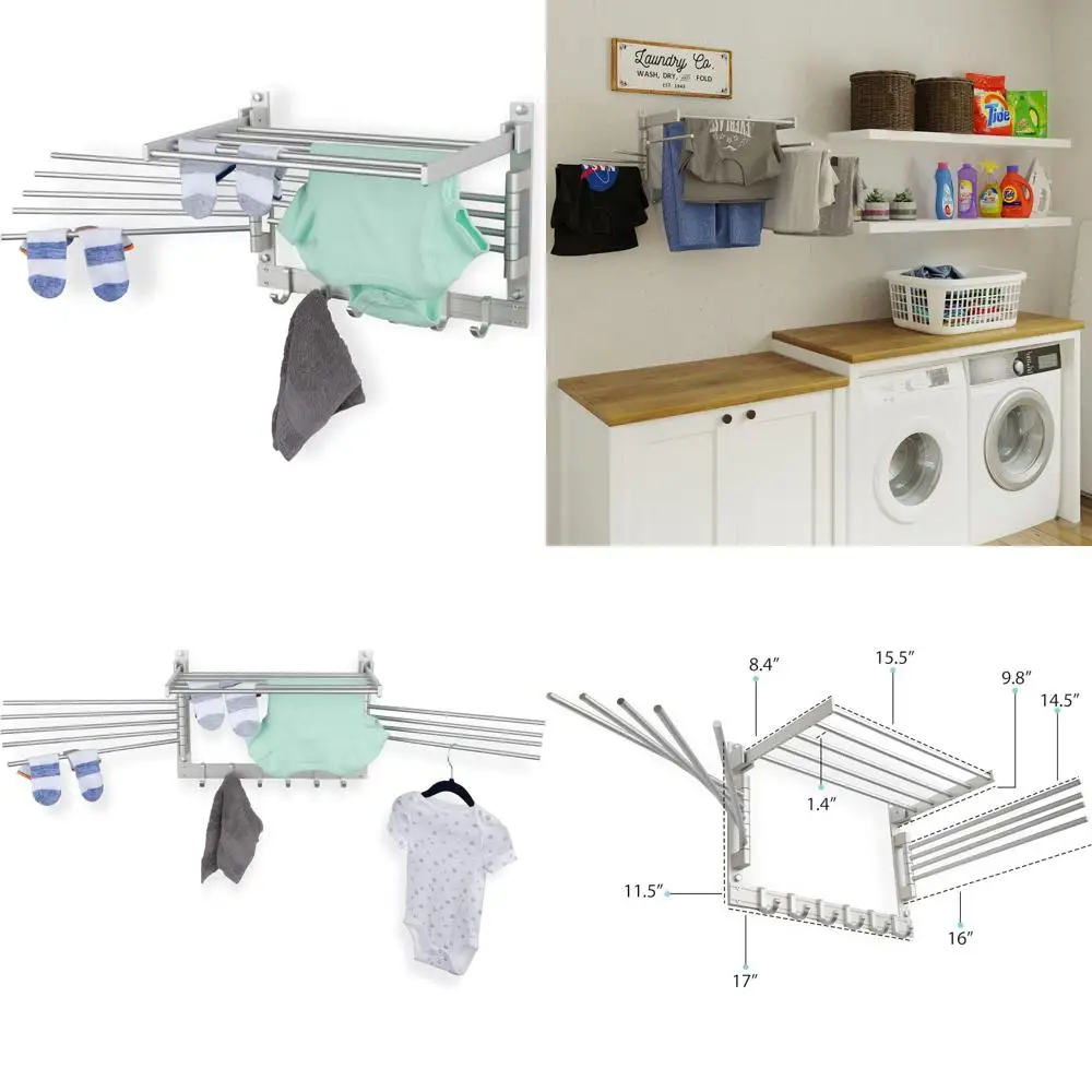 

Wall-Mounted Metal Laundry Drying Rack with Hooks and Swing Arms, 17-Piece Organizer for Clothes, Silver Finish