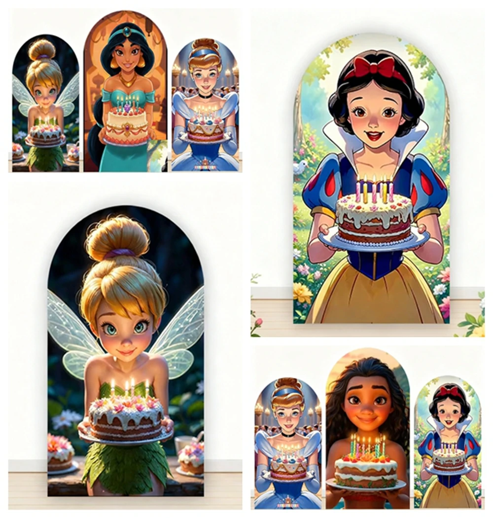 

Disney Princess Holding Cake Arch Background Snow White Celebration Happy Birthday Party Baby Shower Decoration Photo Props