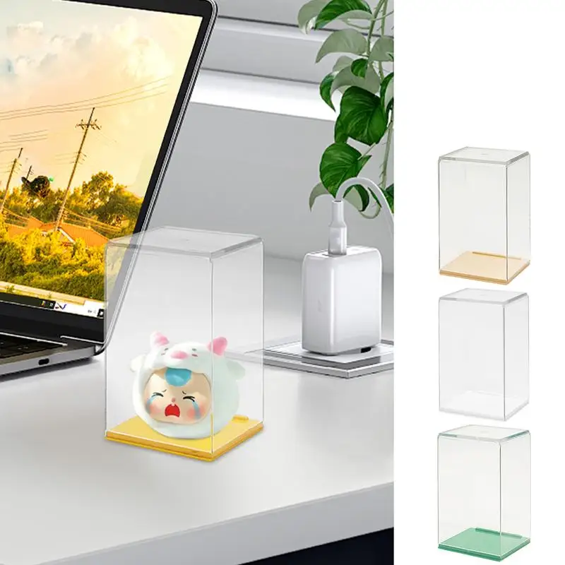 Espositore per bambole con figurine trasparenti, scatola portaoggetti in acrilico Vetrina da collezione impilabile trasparente con base colorata per bambola