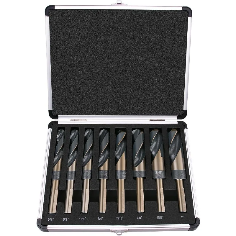

EFFICERE 8-Piece Premium 1/2” Reduced Shank Silver and Deming Large Drill Bit Set in Aluminum Carry Case, M2 High Speed Steel