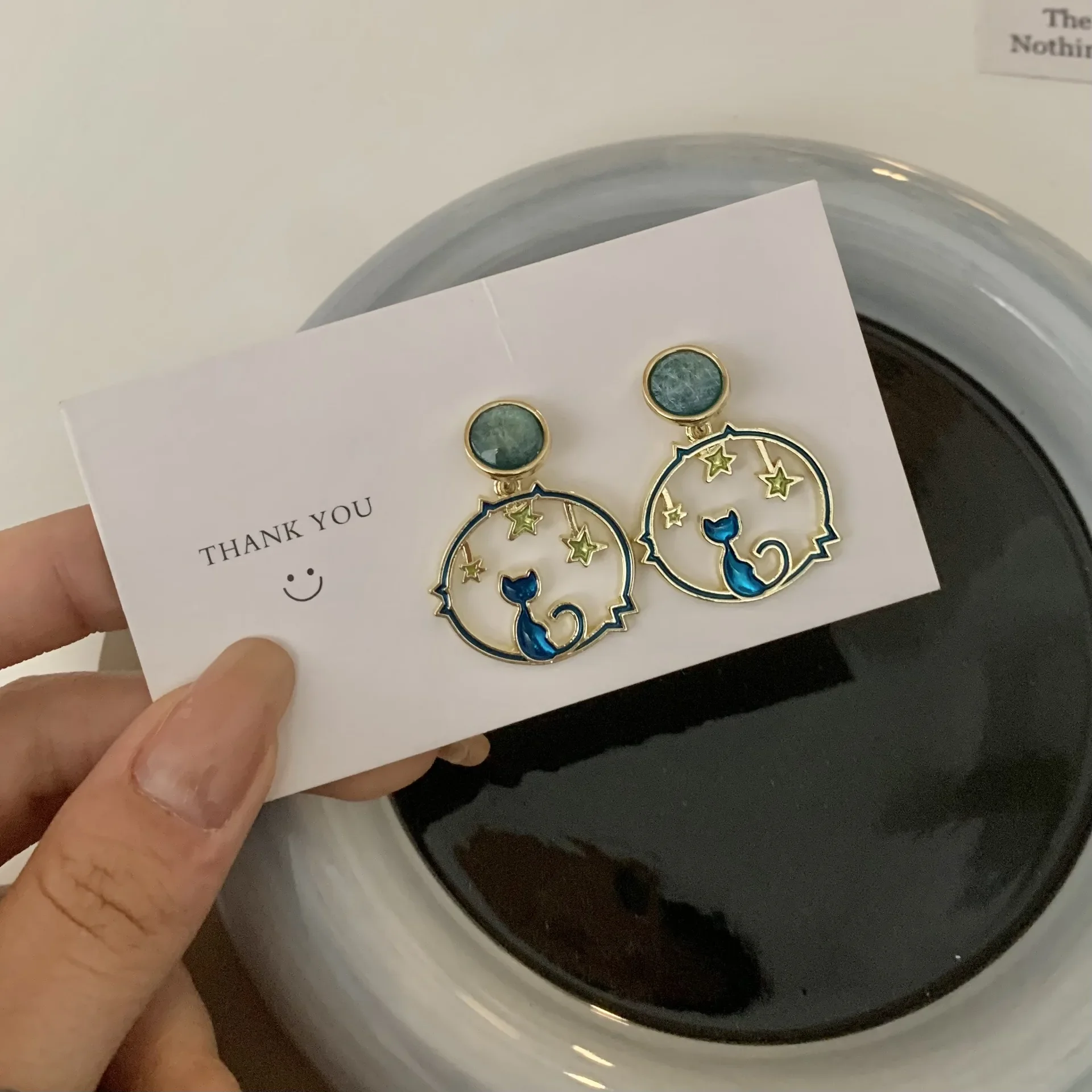 S925 Silver Needle Korean Starry Sky Kitten Earrings Female Funny Personality Cute Enamel Simple Round Cat Earrings for Women