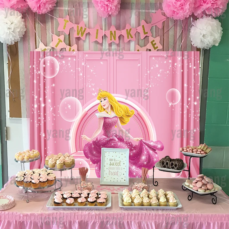 Rosa Glitter Hintergrund Glücklich Geburtstag Punkte Hintergrund Custom Partei Dornröschen Blonde Haar Prinzessin Aurora Cartoon Disney