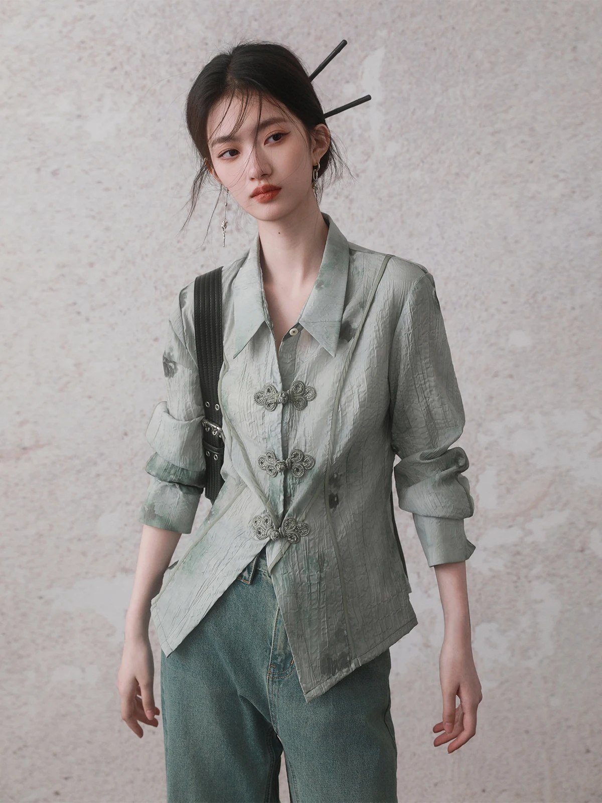 

INGKO Long Sve Tie Dye irt Женский осенний воротник на пуговицах с воротником-стойкой, облегающий полиэстер, смесь хлопка, оригинальный дизайн