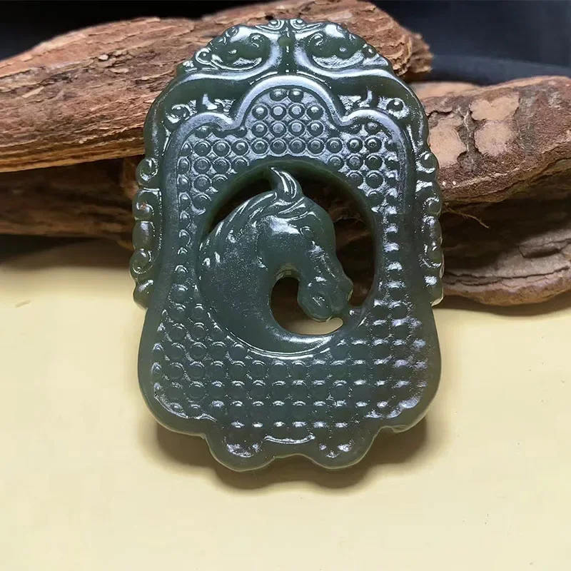 

Natural Hetian Jade Hand Carving Dragon and Horse Jade Pendant Jewelry Lucky Auspicious Safety Amulet Fine Jewelry