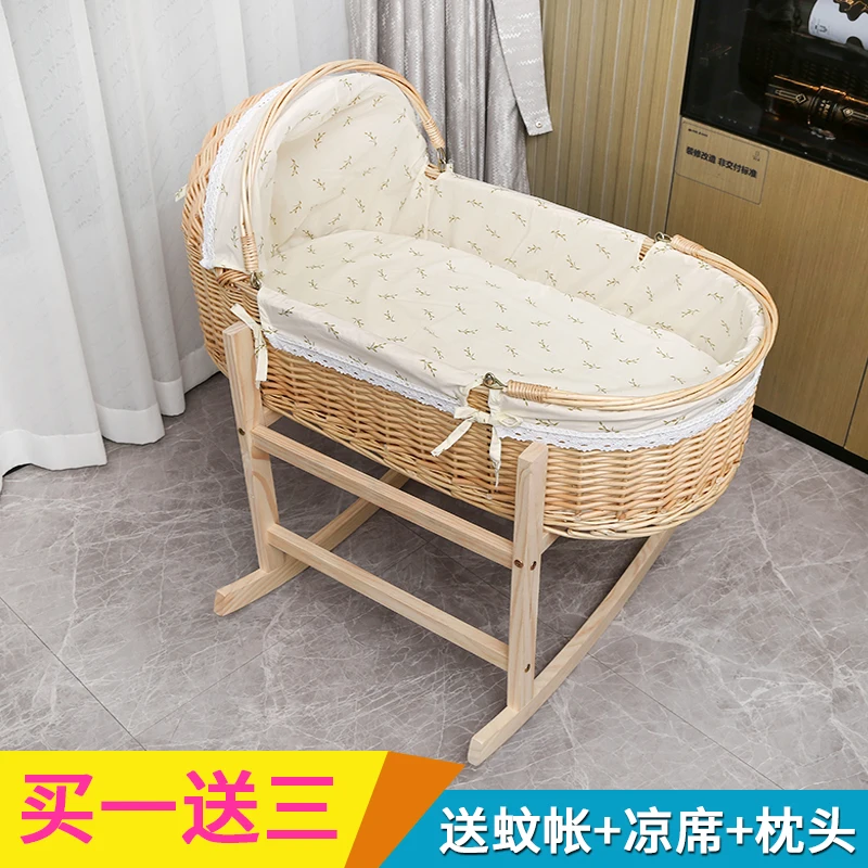 Cuna de ratán para recién nacido, cesta de transporte portátil, cesta para dormir relajante para coche, cuna de madera maciza