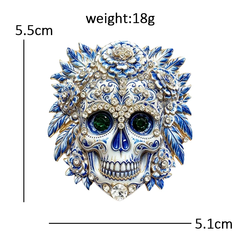 Wuli&baby Blumen-Zuckerschädel-Broschen für Damen, Unisex, 2-farbige Strass-Broschen mit schönem Skelett-Gesicht, Party, Freizeit, Broschen, Geschenke – Detail 3