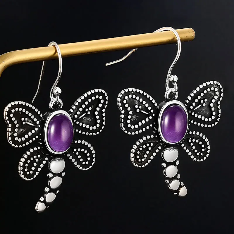 Vintage 6*8mm 925 Silver Earrings for Women Natural Moonstone Blue Sandstone Amethyst Butterfly Earrings Party Festival Gift