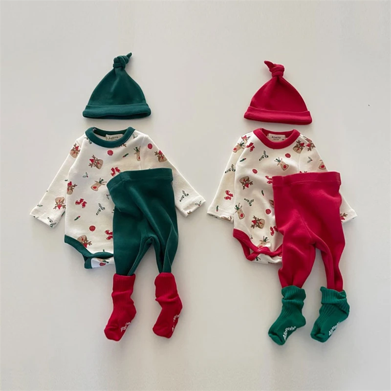 Autumn Winter Cotton Baby Infant Romper Christmas Jumpsuit With Hat Classic Green Red Reindeer Newborn Xmas Pajamas Outfits