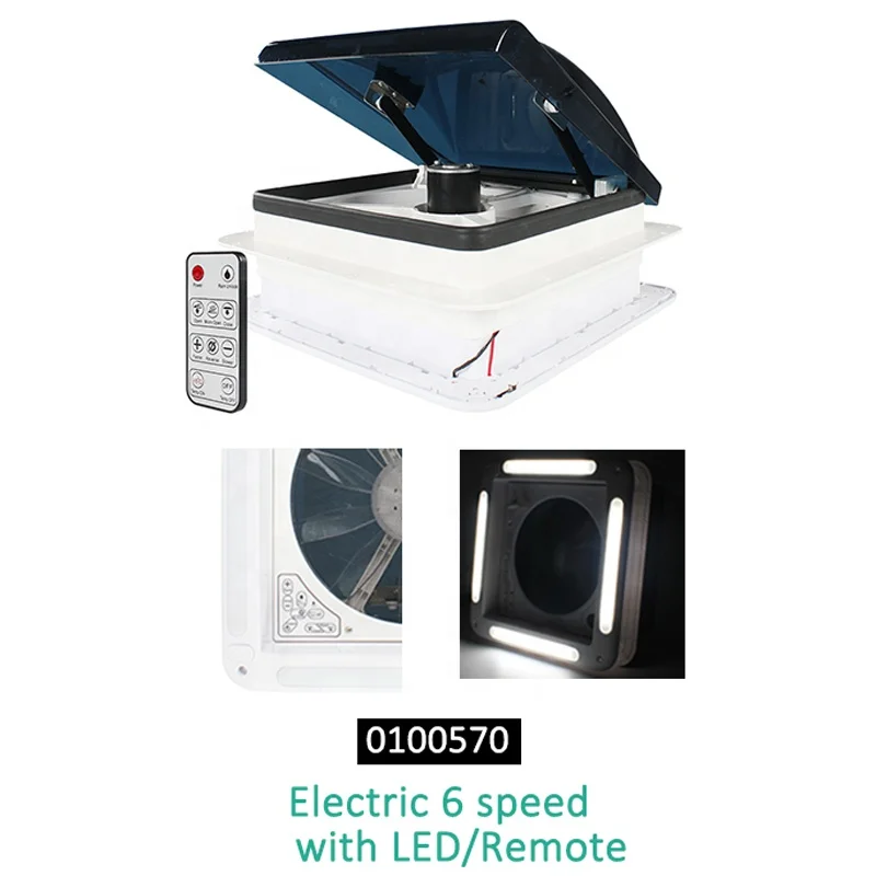 فتحة سقف RV 14 بوصة 340 مم 12 فولت RV مع ضوء صمام ثنائي باعث للضوء وجهاز تحكم عن بعد مروحة سقف للتخييم 6 سرعات