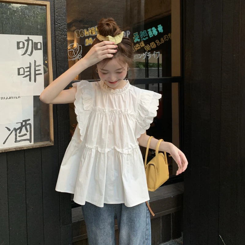 Ruffles Blouse for Women Cute Streetwear Breathable Summer Solid Leisure Y2k Aesthetic Korean Style Teenagers Baggy Ruched Sweet