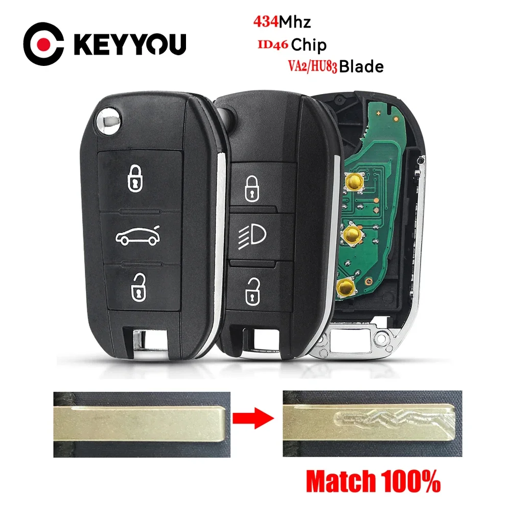 KEYYOU With Cutting Service Remote Control Key For Peugeot 208 2008 301 308 3008 408 508 For Citroen C3 ID46 434MHz HU83/VA2