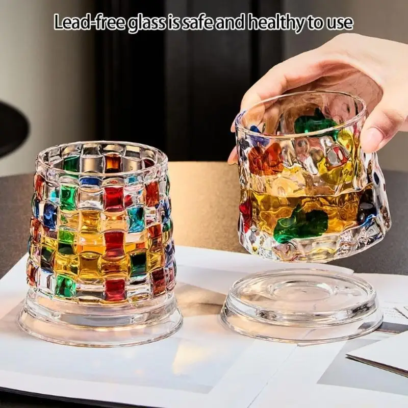 QX2E Hand Painted Rotating Whiskeys Glasses With 360 Degree Swivels Base And Carbites Cut Star Designs For Bourbons Cocktails