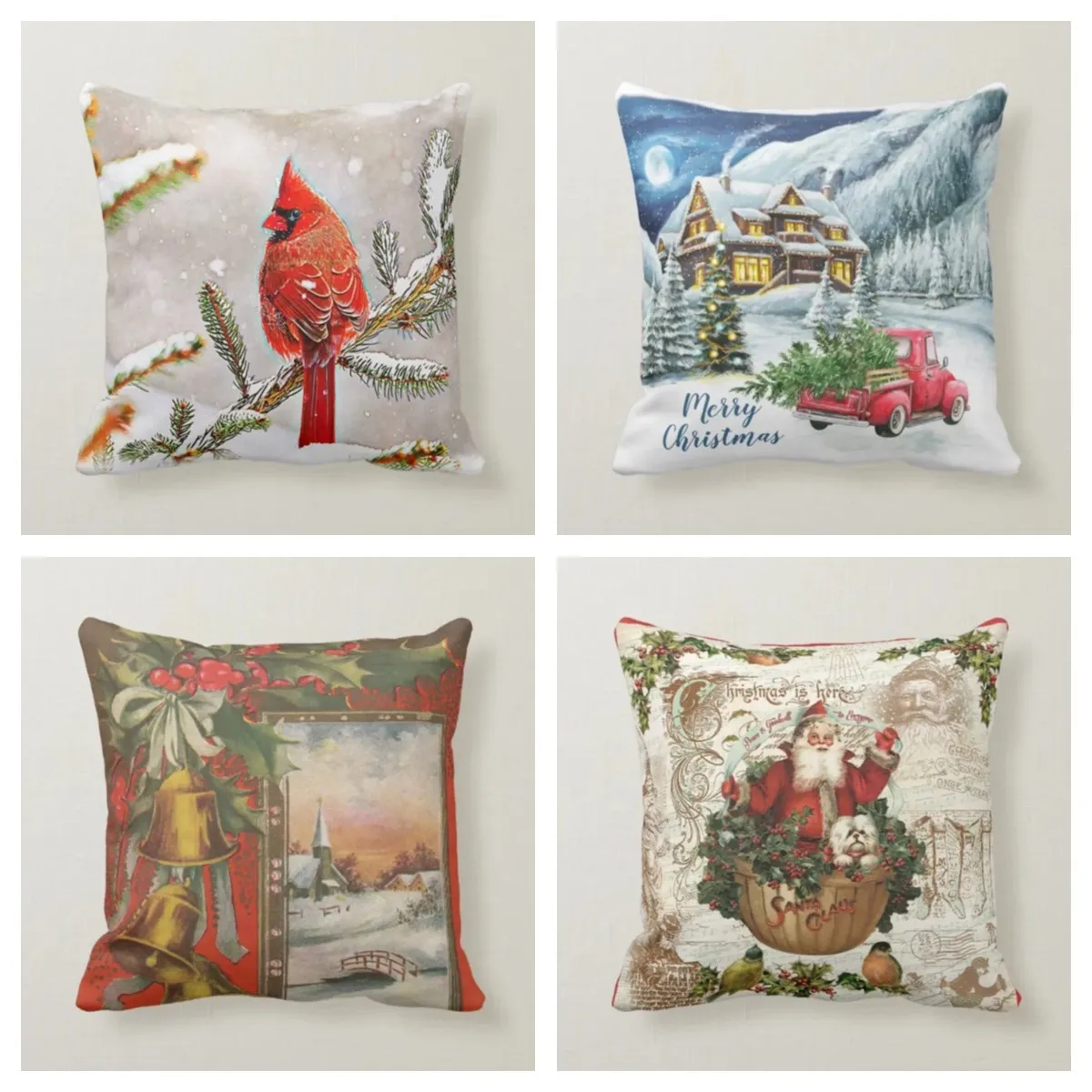 Vintage Christmas Country Santa & Cardinal Pine Pillow Cover 60*60 Sofa Decoration Cushion Cover 45*45 Home Decor