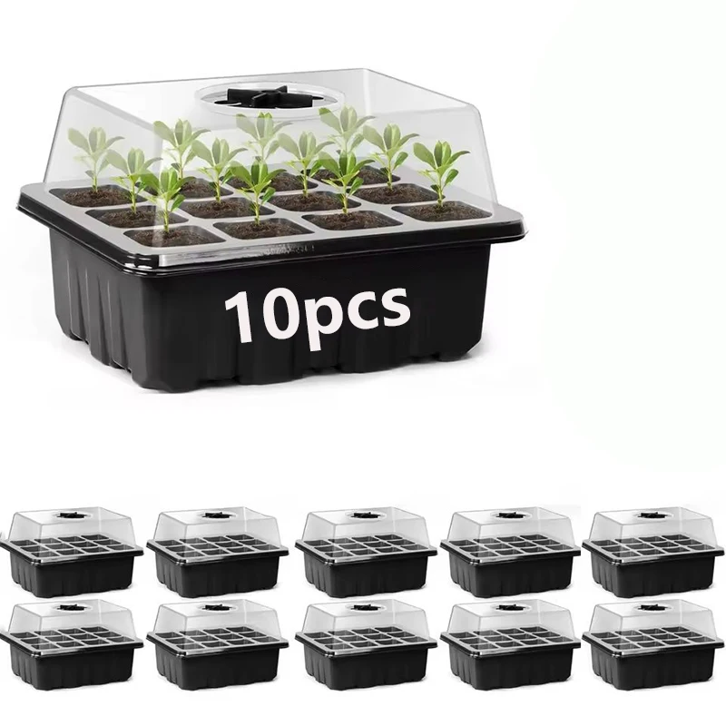 10 Stück Anzuchtschalen mit Belüftungslöchern, 12 Gitter, Samen-Anzuchtbox, Mini-Gewächshaus, Pflanzen-Starter-Kit