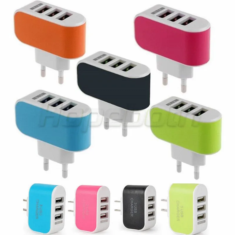 100Pcs/lot Candy Color 5V 3A US EU Plug 3 Ports Triple USB Wall Home Charger AC Adapter For IPhone X 8 7 For Samsung S6 S7 S8