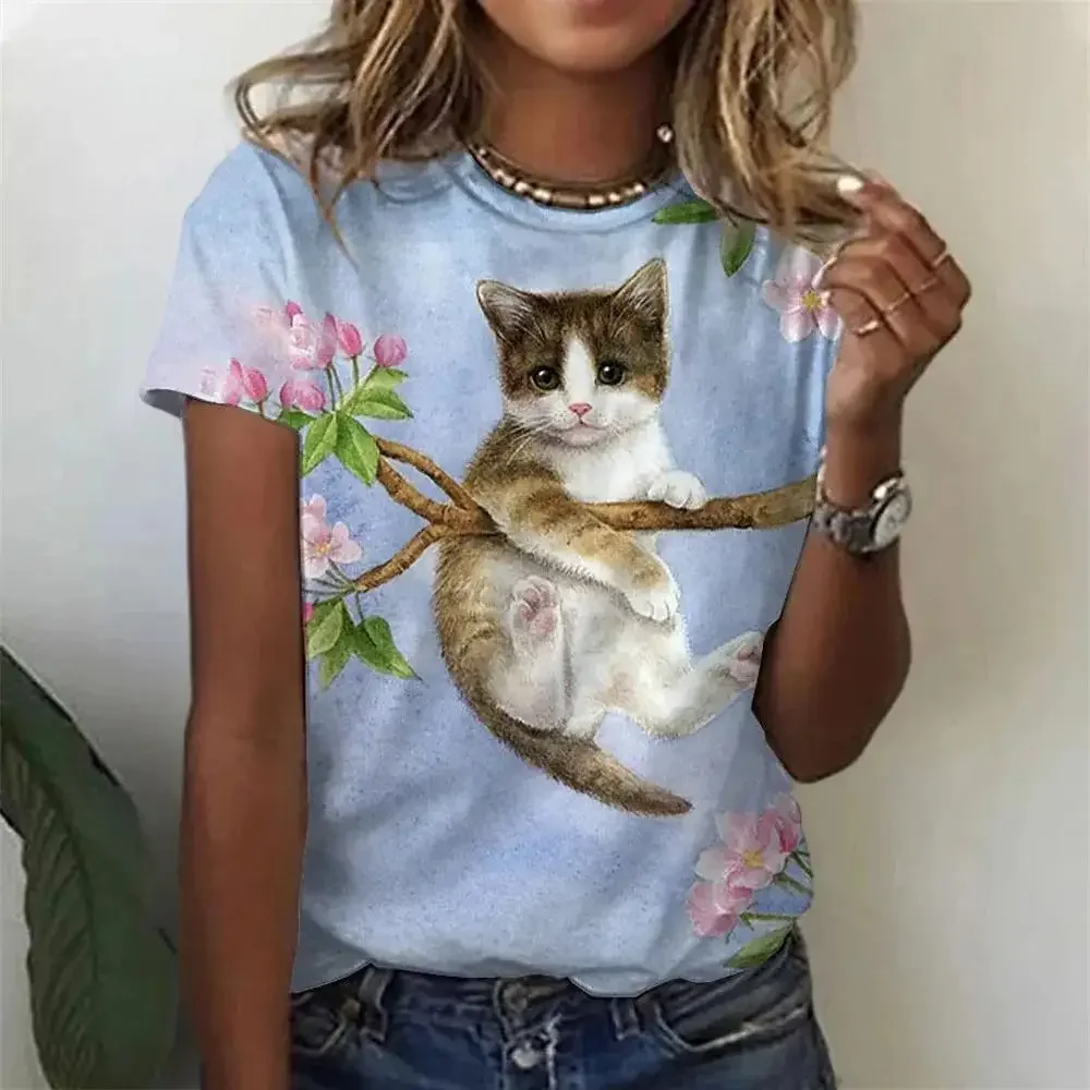 メンズ半袖ラウンドネックTシャツ,猫の写真,デジタル印刷,カジュアル,ファッショナブル,新品