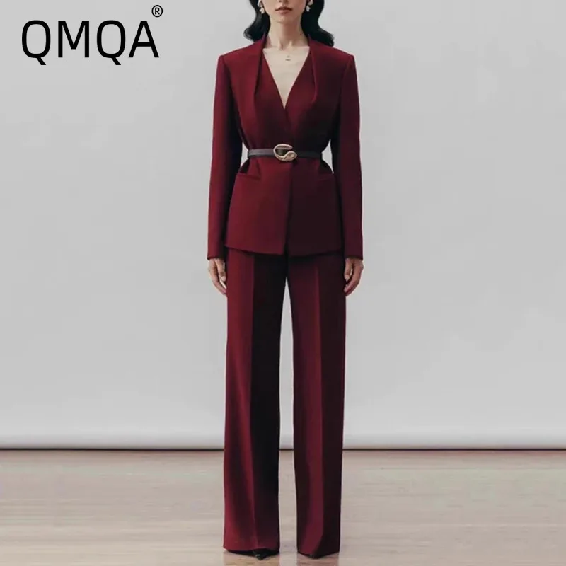 

QMQA Модный женский комплект из 2 предметов с зубчатым воротником, длинным рукавом и поясом, блейзер с высокой талией, широкие брюки, комплекты весны 2021, новинка 1A614