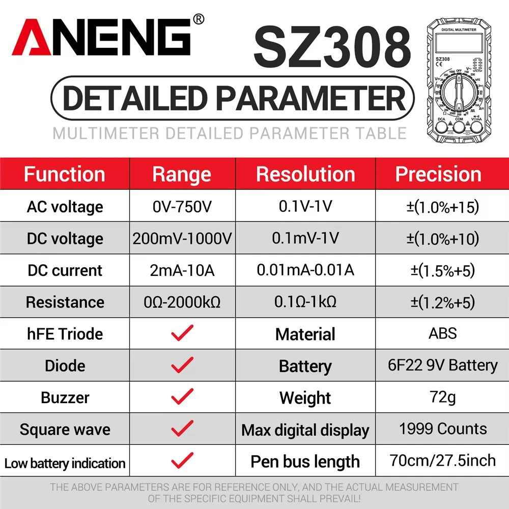 ANENG SZ308 Digital Multimeter AC/DC Current Meter Voltage