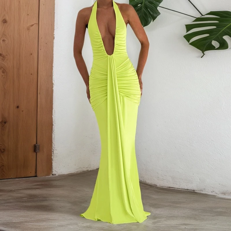 

Элегантное женское летнее макси-платье с глубоким V-образным вырезом, драпировкой и сборками, на бретельках, без рукавов, с открытой спиной, для клуба и вечеринок, 2026