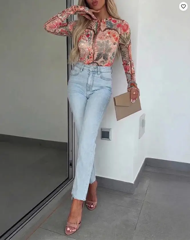 Women's Fashion Vintage Floral Rhinestone Mesh Top 2026 Spring New Round Neck Slim Fit Long Sleeve Casual Tee with Thumb Holes