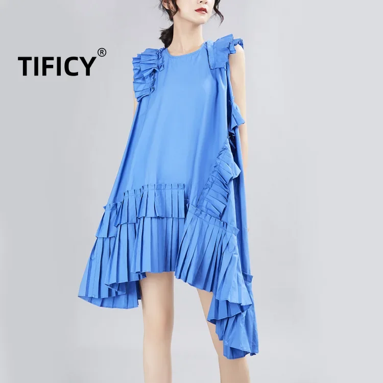 

Dress Summer Women's Irregular Pleated A-line Large Swing Small Flying Sleeve Dress Ruffle Edge Skirt