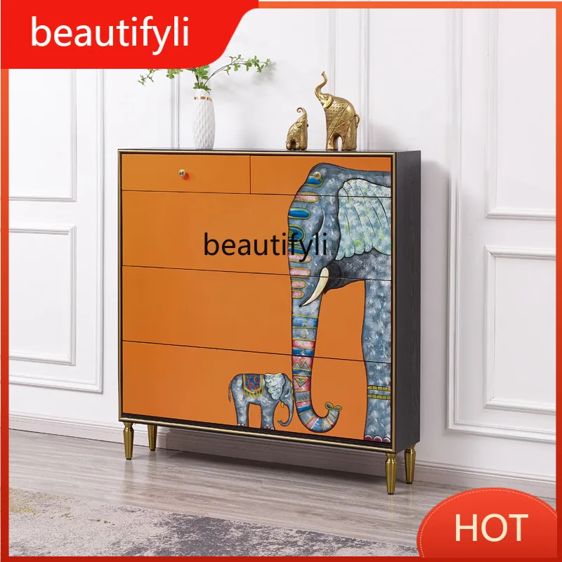 A139 American Style Light Luxury Solid Wood Flip Shoe Cabinet Small Apartment  Hand-painted Storage Cabinet Factory Wholesale