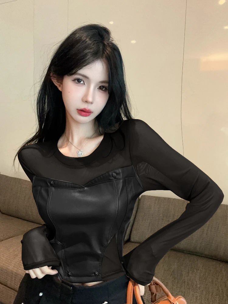 PU Leather Fake Two-piece Long-sleeved T-shirt Women's Autumn American Style Hot Girl Fish Bone Top High-grade Mesh Base Shirt