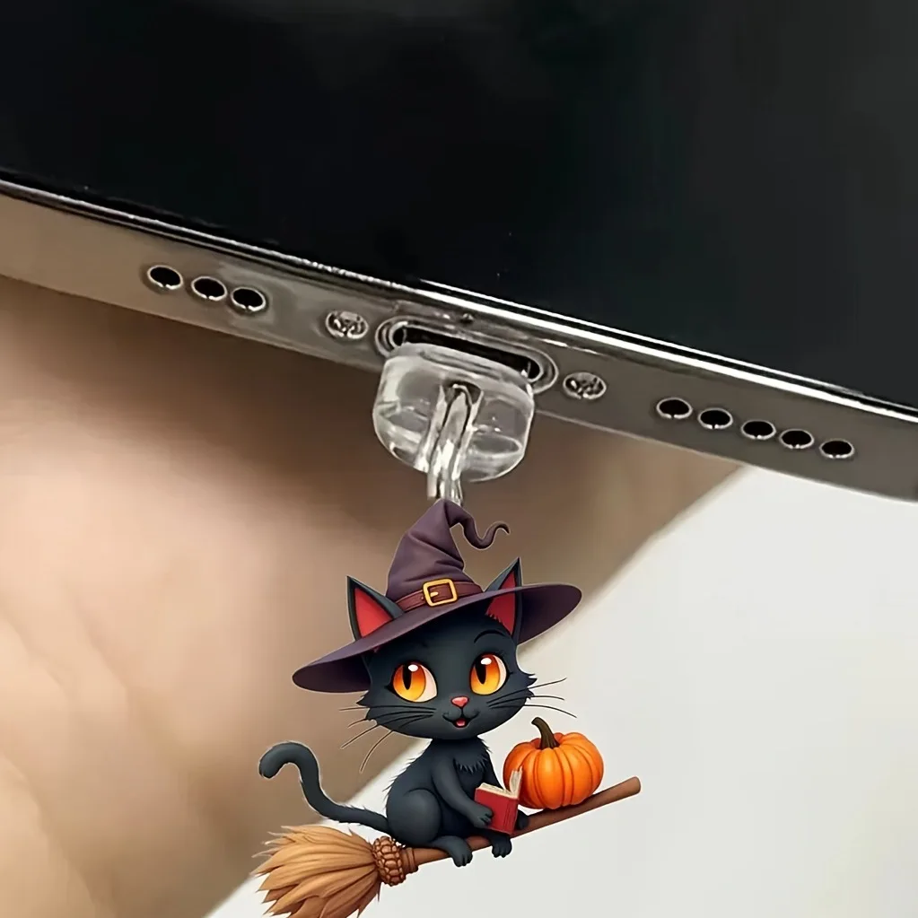 Cartoon 2D New Acrylic Broom Wizard Cat Suitable for iPhone Type-C Android Connector Hand
