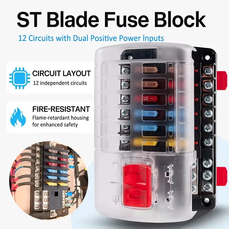 12 Way ST Blade Fuse Block with Dual Positive Input 12V 24V Marine Car RV Fuse Box Panel