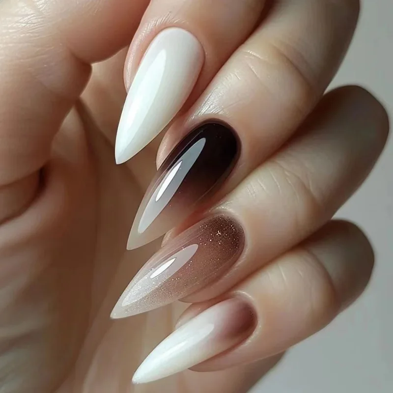 Uñas postizas largas con purpurina francesa, Uñas postizas de cobertura completa, puntas de uñas desmontables DIY, Stiletto, 24 unids/lote por caja