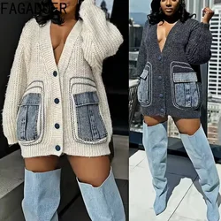 FAGADOER White Knitted Sweater Stitching Tops Women Fashion V Neck Long Sleeve Loose Denim Pocket Patchwork Cardigan Y2K Sweater