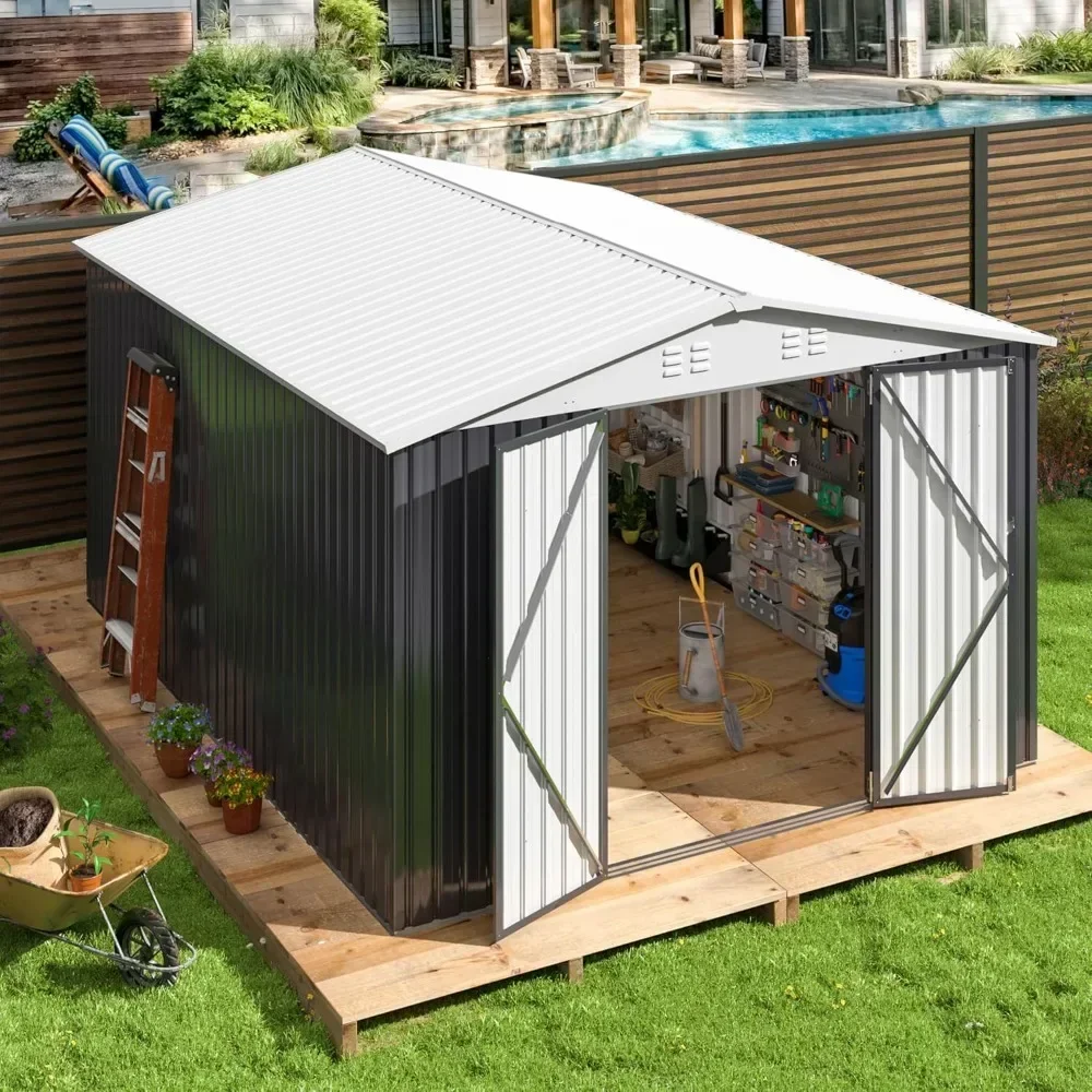 12x10 FT Outdoor Storage Shed, Garden Shed with Updated Frame Structure and Lockable Doors, Metal Tool Sheds for Backyard Garden