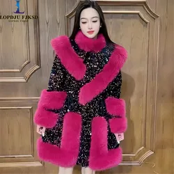 Faux Fox Fur Coats for Women,Covered Button Long Jacket,Thicken Warm Female Clothes, High Quality,Sequins,New, Winter, 2024