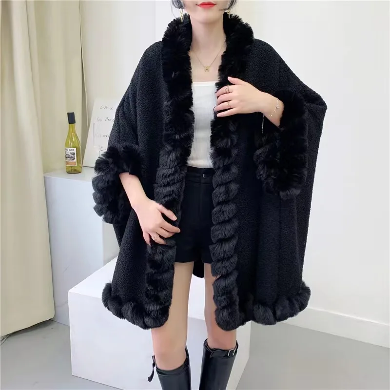 

New Imitation Otter Rabbit Fur Collar Jacquard Hooded Cape Plus Size Woolen Coat for Women Cardigan Shawl Cloak Loose Coats Wh8