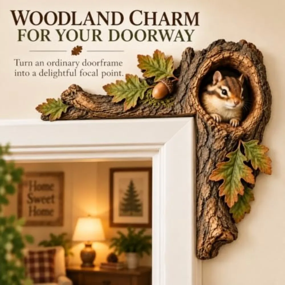 2D Chipmunk Tree Hollow Door Topper Wooden Bark Texture Animal Tree Hollow Door Topper Frame Decor Oak Leaf Acorn Door Topper