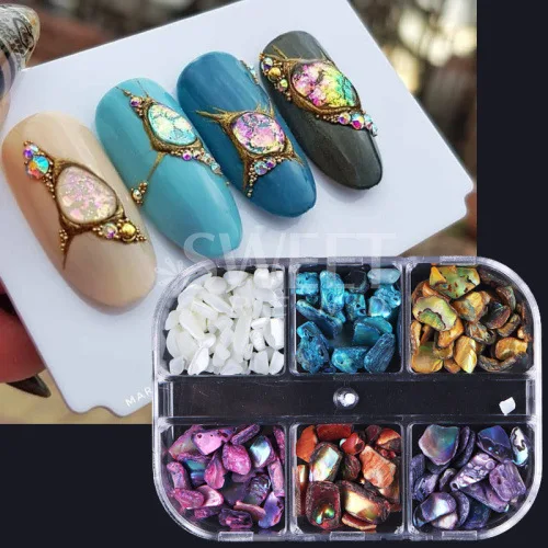 6 Grids Abalone Shell Flakes Nail Art Decoration 3D Charms Irregular Seashell Fragment Aurora Slices DIY Manicure Accessories